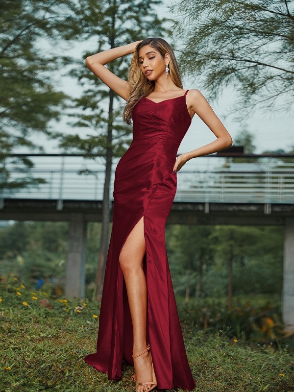 Sheath/Column Silk like Satin Ruched V-neck Sleeveless Floor-Length Bridesmaid Dresses 3083