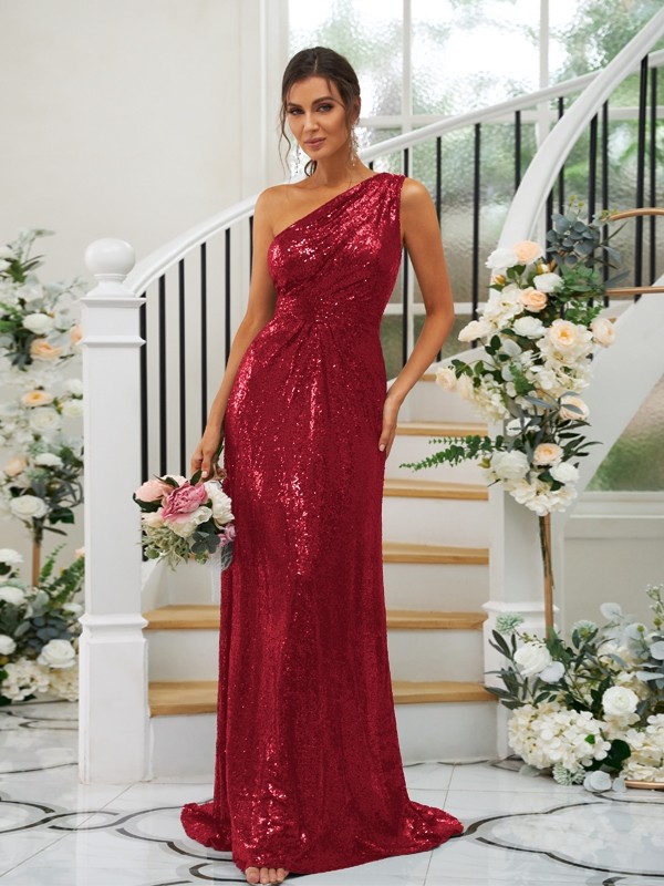 Sheath/Column Sequins Ruched One-Shoulder Sleeveless Sweep/Brush Train Bridesmaid Dresses 3042