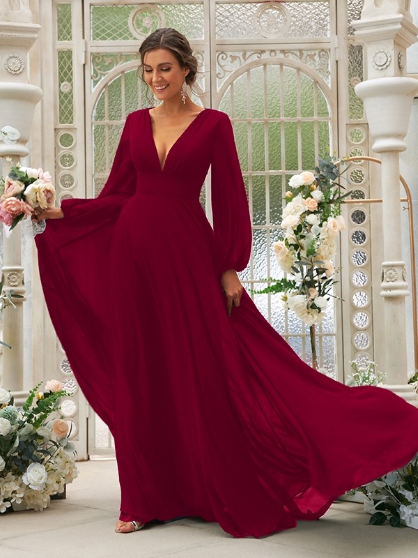 A-Line/Princess Chiffon Ruffles V-neck Long Sleeves Sweep/Brush Train Bridesmaid Dresses 2219