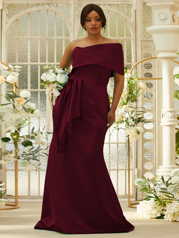 Sheath/Column Satin Ruched One-Shoulder Sleeveless Sweep/Brush Train Bridesmaid Dresses 3022