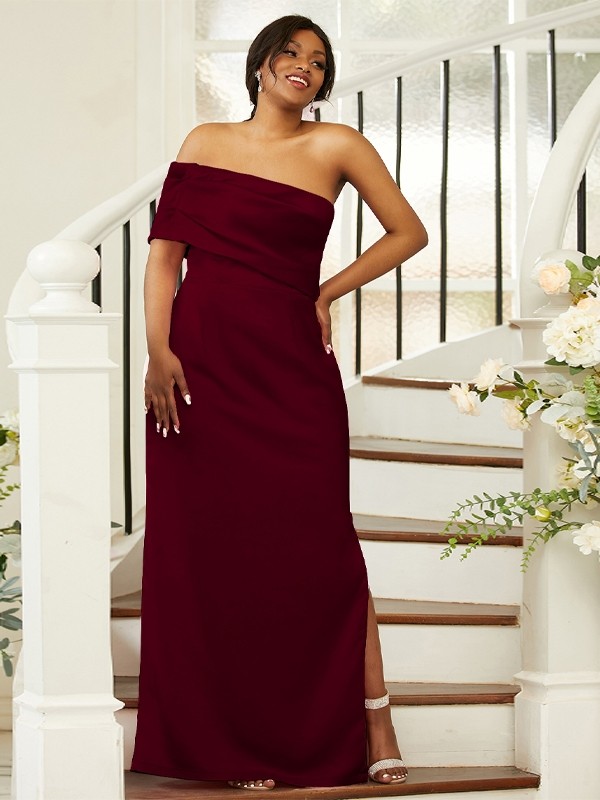 Sheath/Column Satin Ruched One-Shoulder Sleeveless Floor-Length Bridesmaid Dresses 3020