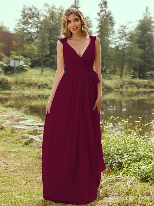 A-Line/Princess Chiffon Ruffles V-neck Sleeveless Floor-Length Bridesmaid Dresses 2235