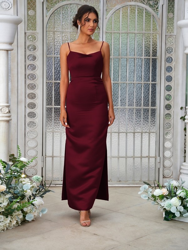 Sheath/Column Satin Ruched Spaghetti Straps Sleeveless Ankle-Length Bridesmaid Dresses 3025