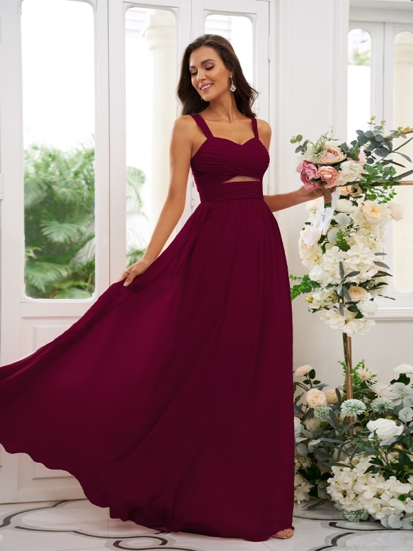 A-Line/Princess Chiffon Ruched Straps Sleeveless Floor-Length Bridesmaid Dresses 2167