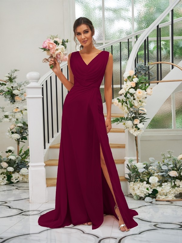 A-Line/Princess Chiffon Ruched V-neck Sleeveless Sweep/Brush Train Bridesmaid Dresses 2188