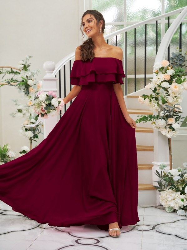 A-Line/Princess Chiffon Ruffles Off-the-Shoulder Sleeveless Floor-Length Bridesmaid Dresses 2199