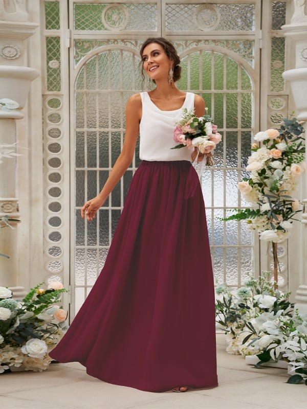 A-Line/Princess Chiffon Ruffles Scoop Sleeveless Floor-Length Two Piece Bridesmaid Dresses 2210