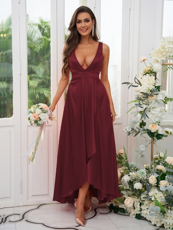 A-Line/Princess Silk like Satin Ruffles V-neck Sleeveless Ankle-Length Bridesmaid Dresses 2489