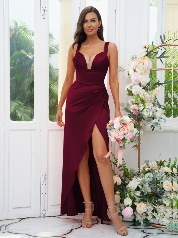 Sheath/Column Charmeuse Ruched V-neck Sleeveless Floor-Length Bridesmaid Dresses 2891