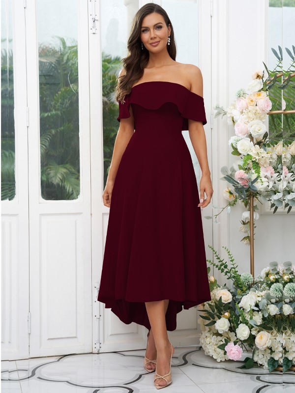 A-Line/Princess Stretch Crepe Ruffles Off-the-Shoulder Sleeveless Asymmetrical Bridesmaid Dresses 2662