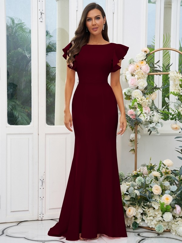 Sheath/Column Stretch Crepe Ruffles Scoop Short Sleeves Sweep/Brush Train Bridesmaid Dresses 3193