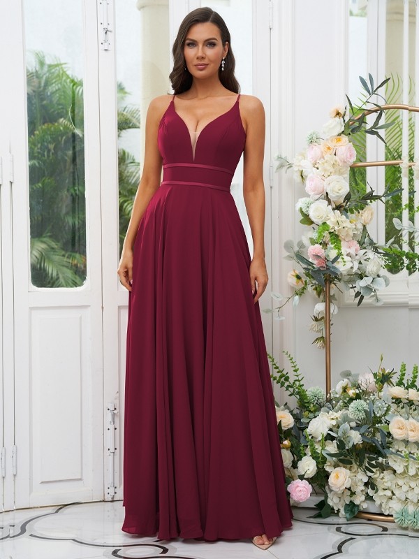 A-Line/Princess Chiffon Ruffles V-neck Sleeveless Floor-Length Bridesmaid Dresses 2239