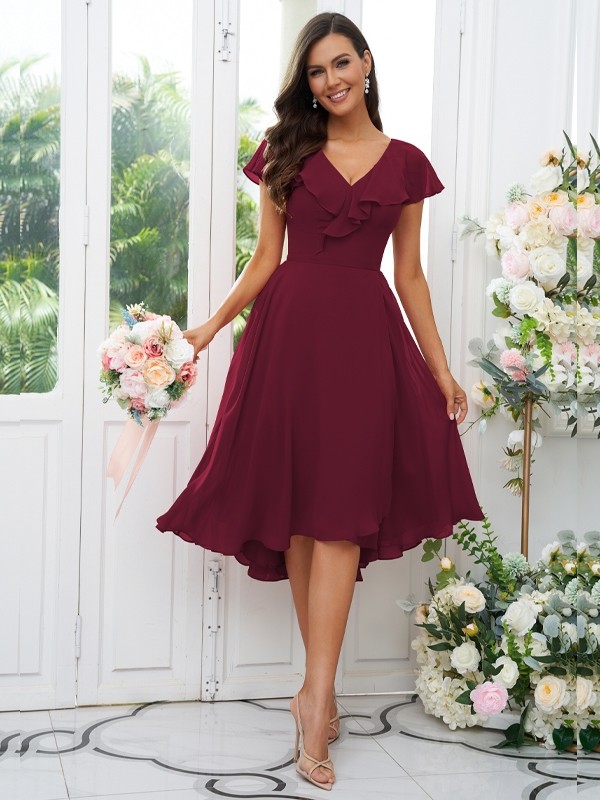 A-Line/Princess Chiffon Ruffles V-neck Short Sleeves Asymmetrical Bridesmaid Dresses 2221