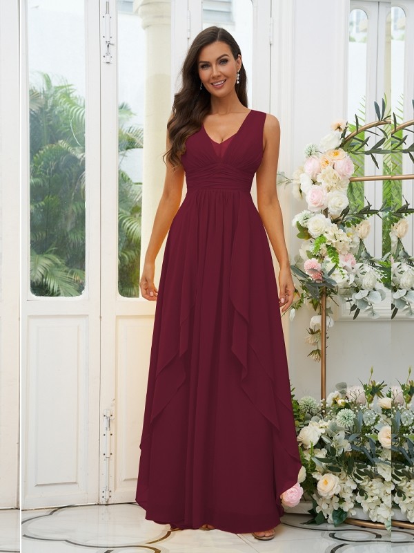 A-Line/Princess Chiffon Ruffles V-neck Sleeveless Floor-Length Bridesmaid Dresses 2240