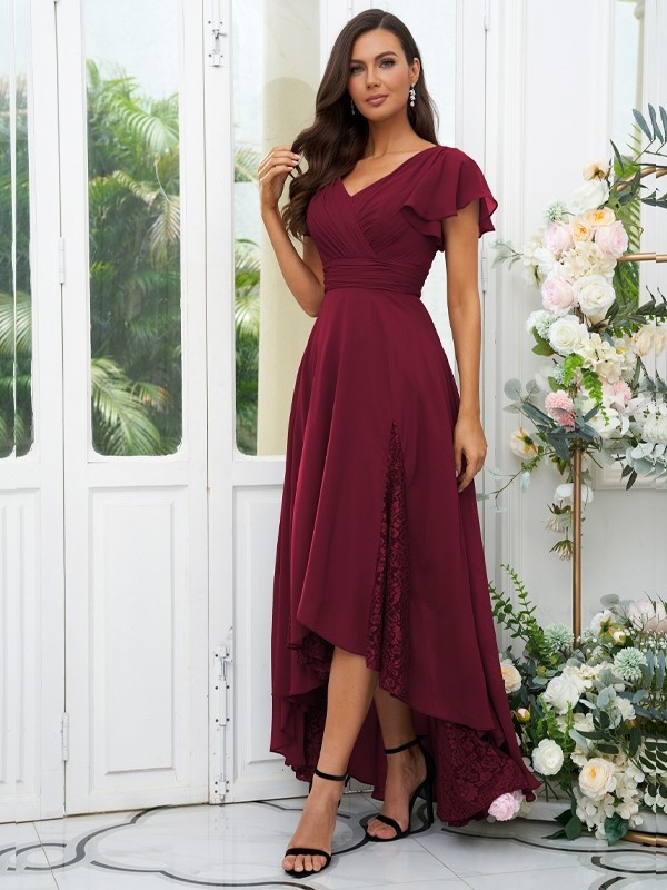 A-Line/Princess Chiffon Lace V-neck Short Sleeves Asymmetrical Bridesmaid Dresses 2151