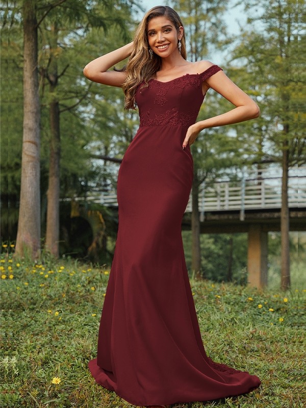 Sheath/Column Jersey Applique Off-the-Shoulder Sleeveless Sweep/Brush Train Bridesmaid Dresses 2954