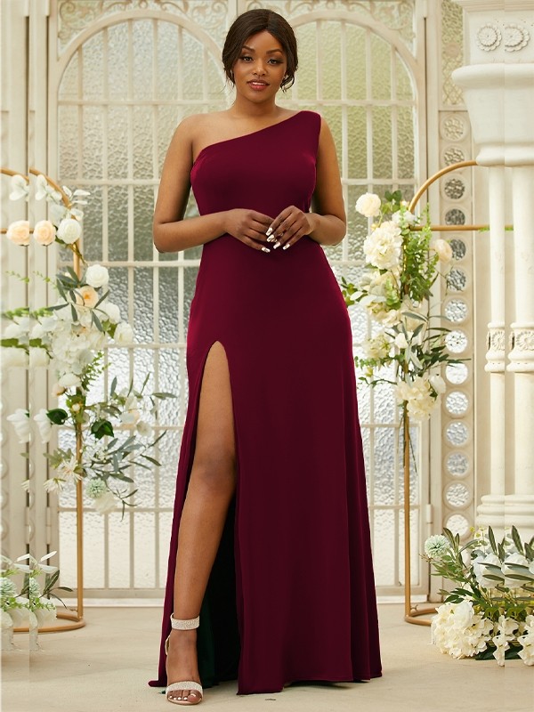 Sheath/Column Jersey Ruffles One-Shoulder Sleeveless Sweep/Brush Train Bridesmaid Dresses 2970