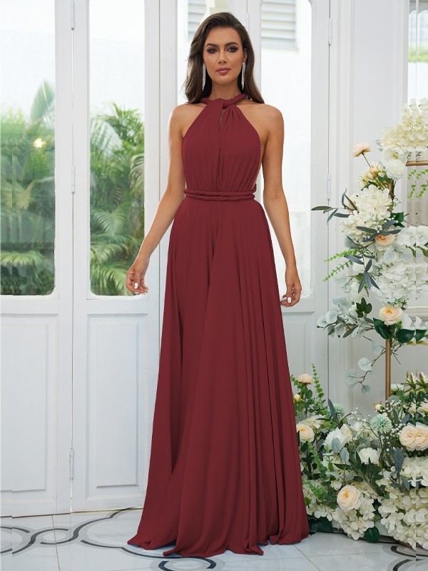 A-Line/Princess Jersey Ruffles Halter Sleeveless Floor-Length Convertible Bridesmaid Dresses 2324