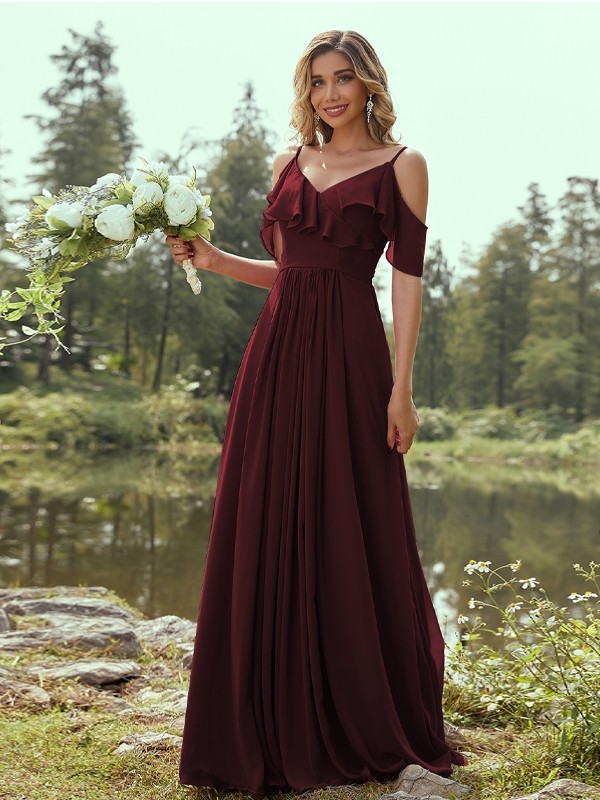 A-Line/Princess Chiffon Ruffles V-neck Sleeveless Floor-Length Bridesmaid Dresses 2233