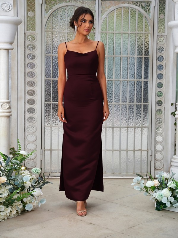 Sheath/Column Satin Ruched Spaghetti Straps Sleeveless Ankle-Length Bridesmaid Dresses 3025