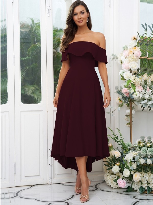 A-Line/Princess Stretch Crepe Ruffles Off-the-Shoulder Sleeveless Asymmetrical Bridesmaid Dresses 2662