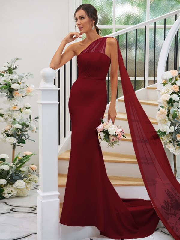 Sheath/Column Stretch Crepe Ruched One-Shoulder Sleeveless Sweep/Brush Train Bridesmaid Dresses 3168