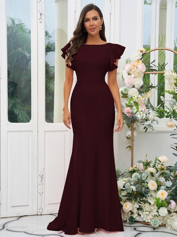 Sheath/Column Stretch Crepe Ruffles Scoop Short Sleeves Sweep/Brush Train Bridesmaid Dresses 3193