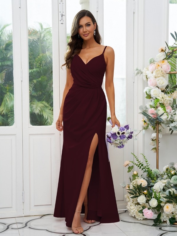 A-Line/Princess Stretch Crepe Ruched V-neck Sleeveless Floor-Length Bridesmaid Dresses 2660