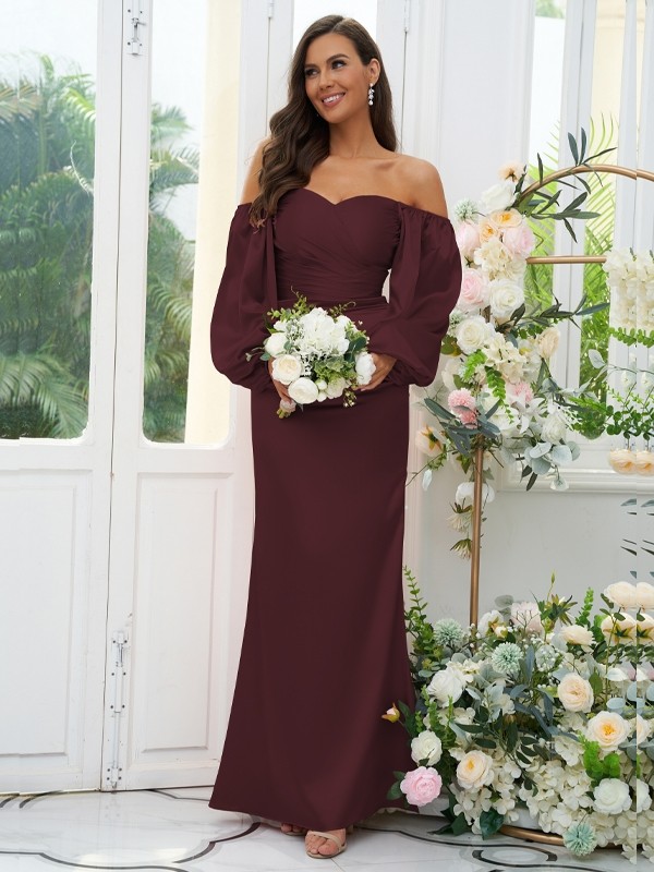 Sheath/Column Silk like Satin Ruched Off-the-Shoulder Long Sleeves Floor-Length Bridesmaid Dresses 3054