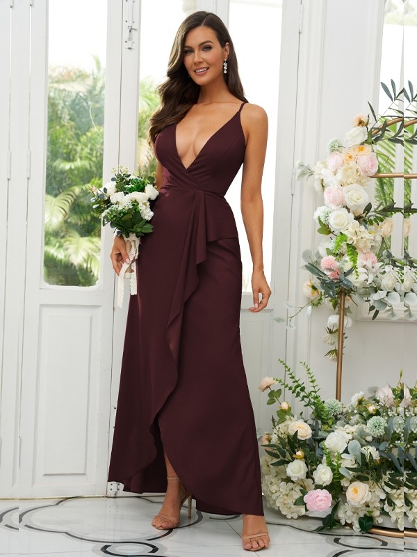 A-Line/Princess Silk like Satin Ruffles V-neck Sleeveless Floor-Length Bridesmaid Dresses 2492