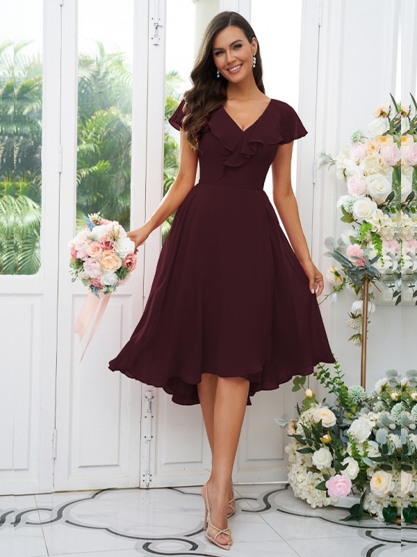 A-Line/Princess Chiffon Ruffles V-neck Short Sleeves Asymmetrical Bridesmaid Dresses 2221