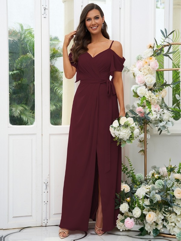 A-Line/Princess Chiffon Ruched V-neck Short Sleeves Floor-Length Bridesmaid Dresses 2171