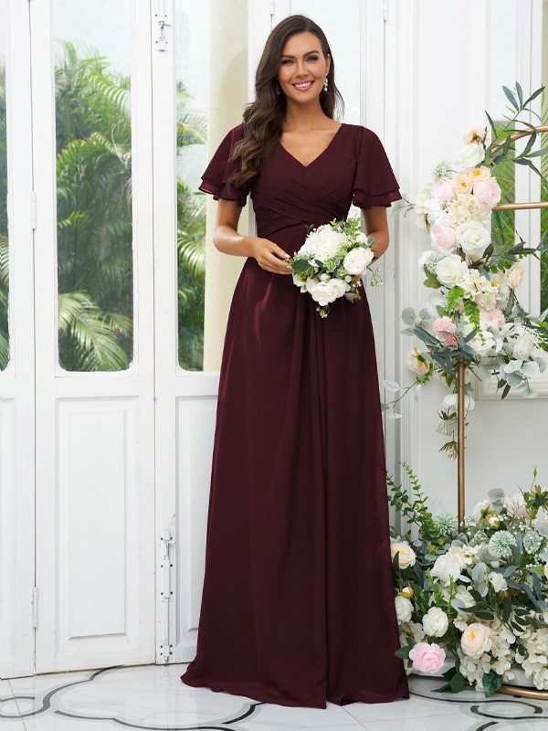 A-Line/Princess Chiffon Ruffles V-neck Short Sleeves Floor-Length Bridesmaid Dresses 2225