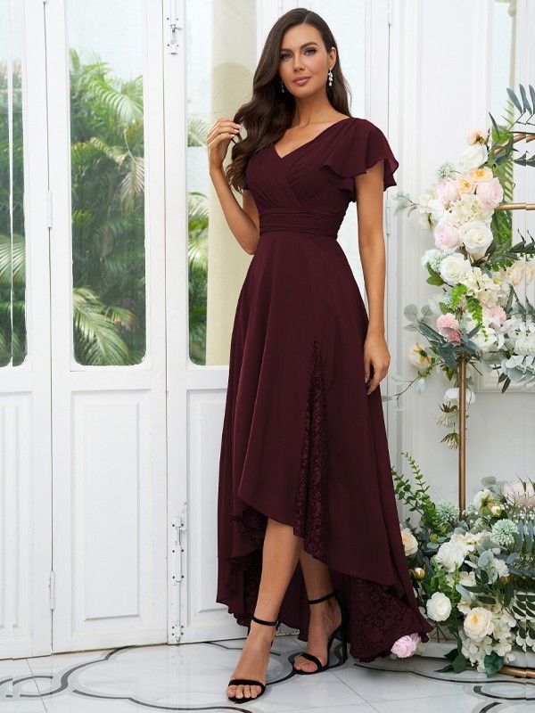 A-Line/Princess Chiffon Lace V-neck Short Sleeves Asymmetrical Bridesmaid Dresses 2151