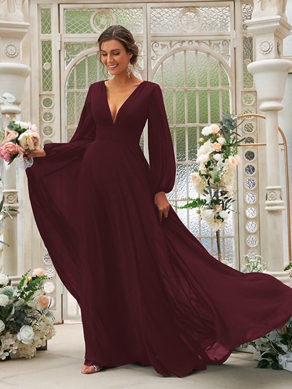 A-Line/Princess Chiffon Ruffles V-neck Long Sleeves Sweep/Brush Train Bridesmaid Dresses 2219