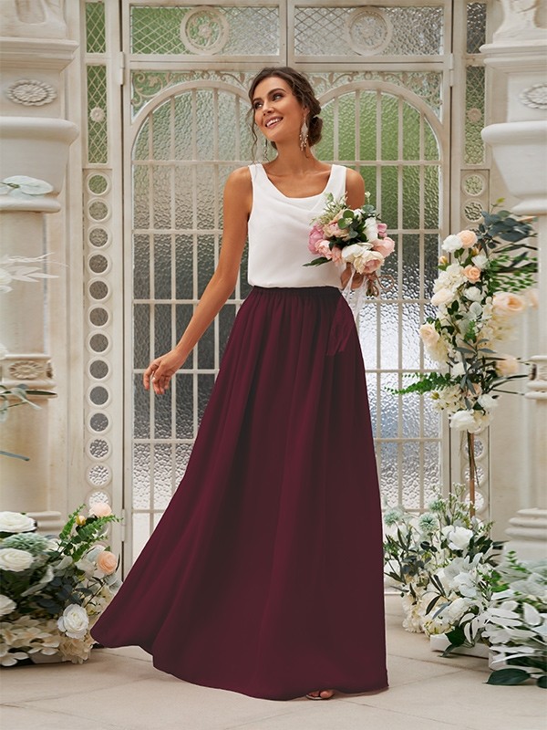 A-Line/Princess Chiffon Ruffles Scoop Sleeveless Floor-Length Two Piece Bridesmaid Dresses 2210