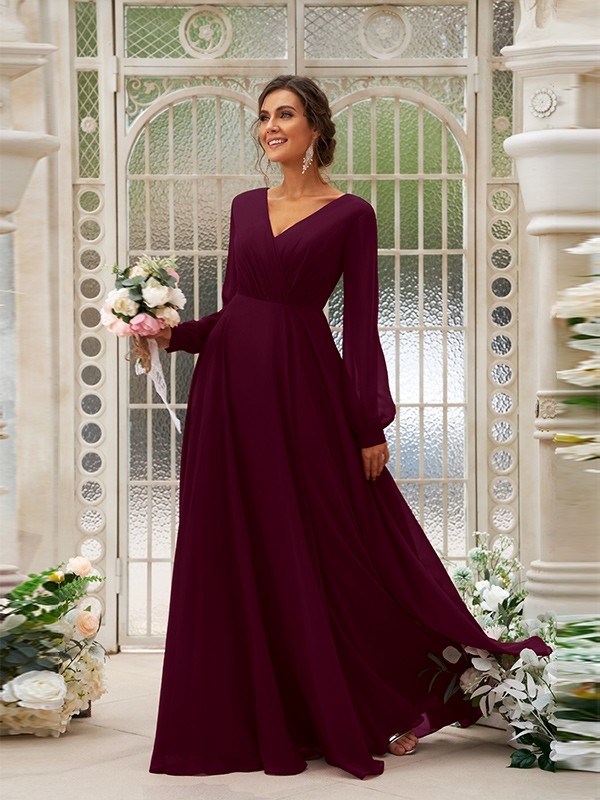 A-Line/Princess Chiffon Ruched V-neck Long Sleeves Floor-Length Bridesmaid Dresses 2169