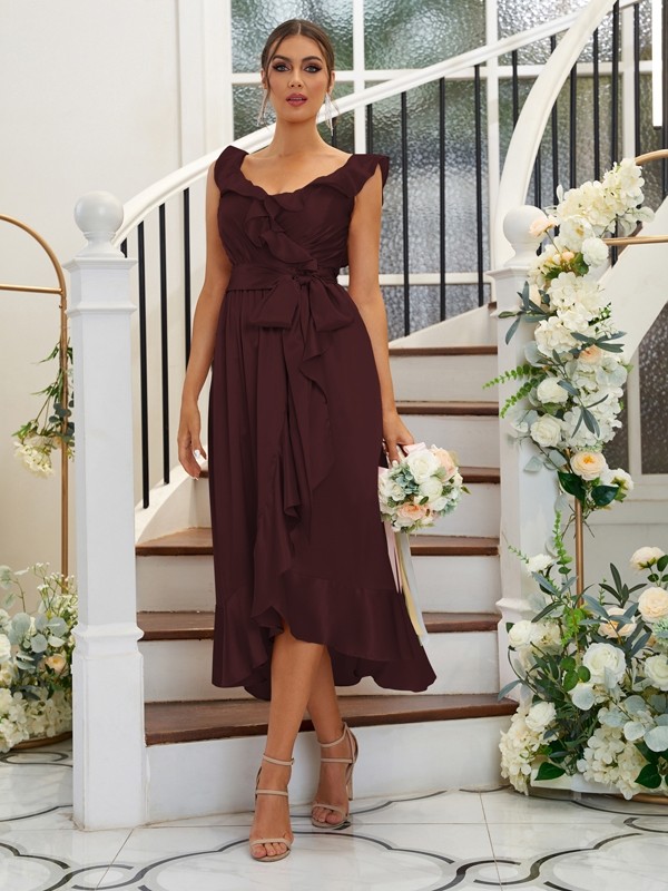 A-Line/Princess Silk like Satin Ruffles V-neck Sleeveless Tea-Length Bridesmaid Dresses 2496