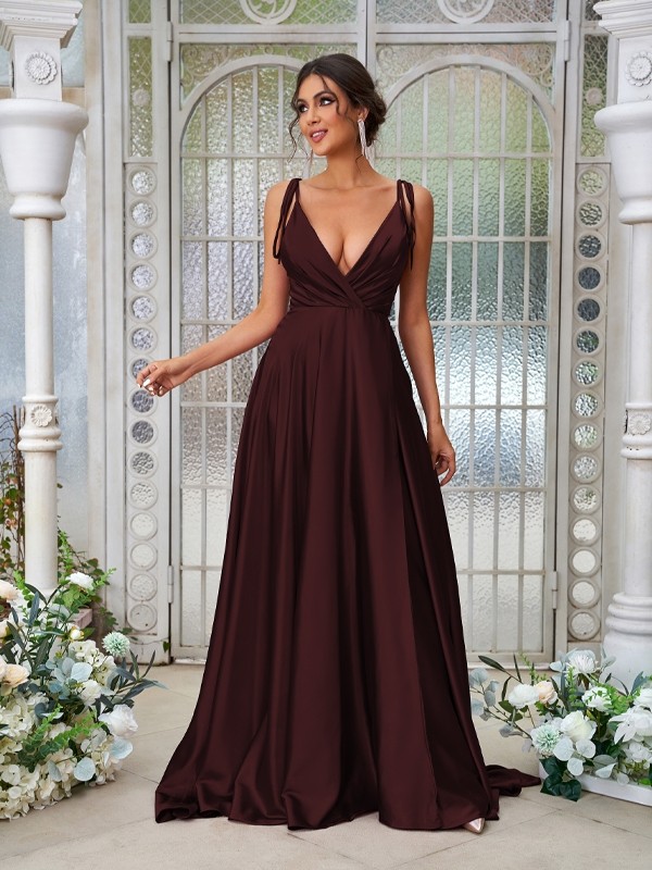 A-Line/Princess Silk like Satin Ruffles V-neck Sleeveless Sweep/Brush Train Bridesmaid Dresses 2494