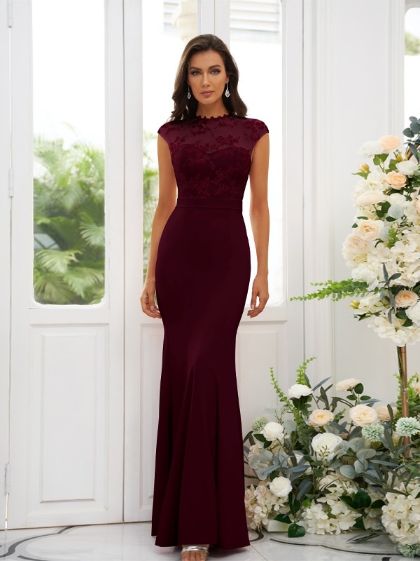 Trumpet/Mermaid Stretch Crepe Applique High Neck Sleeveless Floor-Length Bridesmaid Dresses 3243