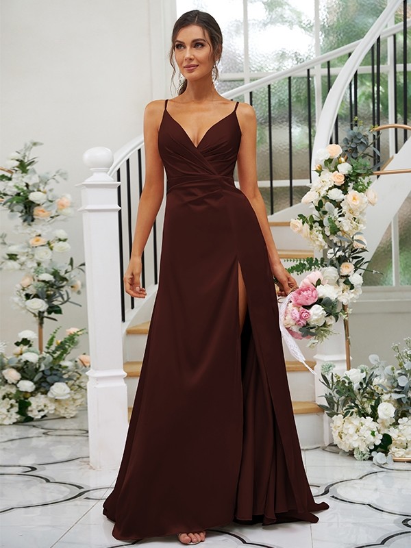 A-Line/Princess Silk like Satin Ruched V-neck Sleeveless Floor-Length Bridesmaid Dresses 2476