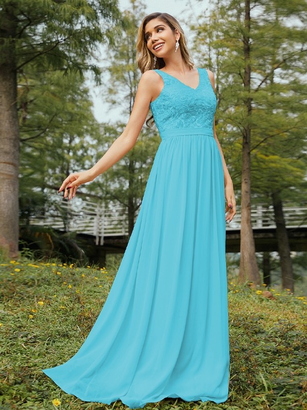 A-Line/Princess Chiffon Lace V-neck Sleeveless Floor-Length Bridesmaid Dresses 2152