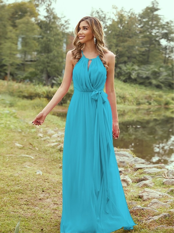 A-Line/Princess Chiffon Ruffles Halter Sleeveless Sweep/Brush Train Bridesmaid Dresses 2196