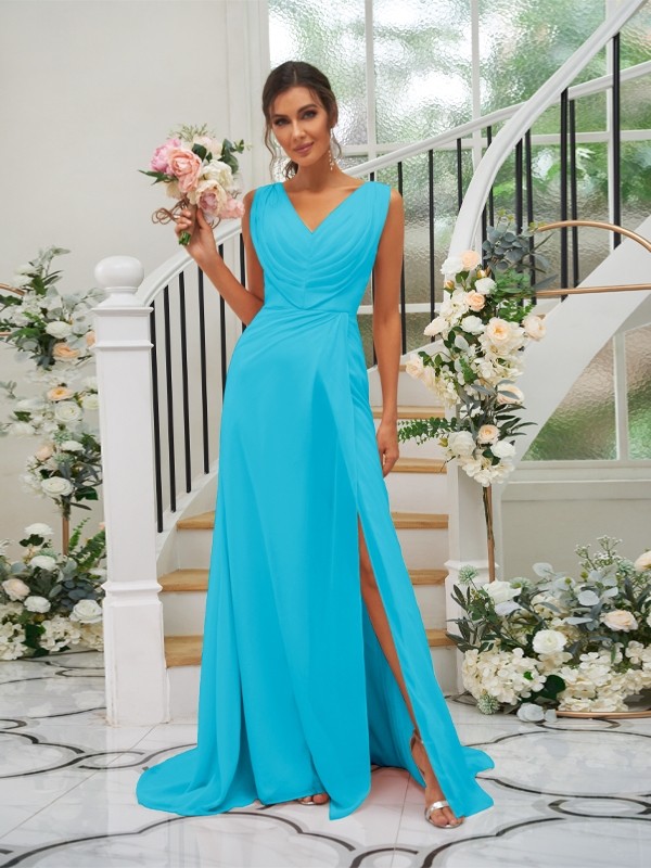 A-Line/Princess Chiffon Ruched V-neck Sleeveless Sweep/Brush Train Bridesmaid Dresses 2188