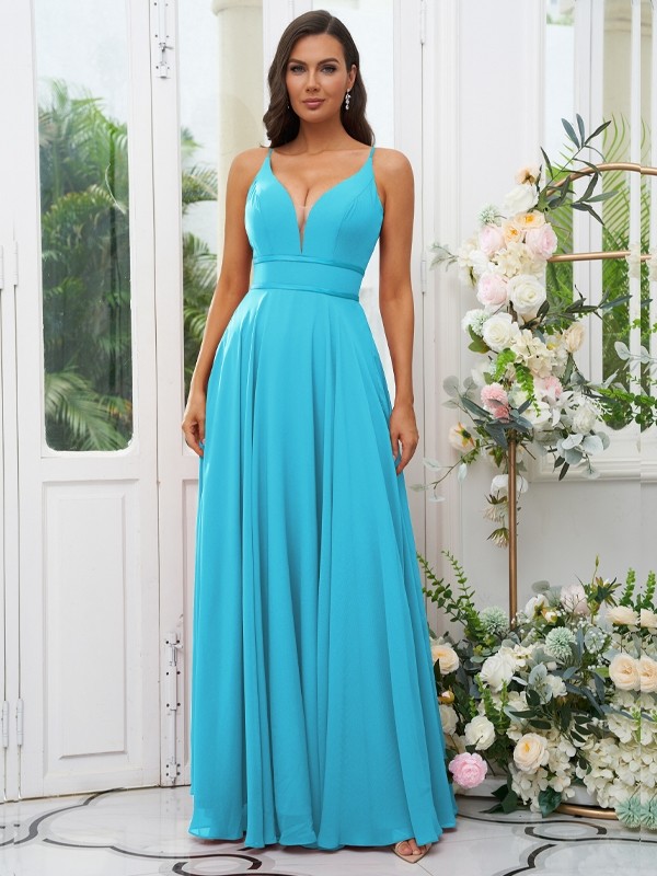 A-Line/Princess Chiffon Ruffles V-neck Sleeveless Floor-Length Bridesmaid Dresses 2239