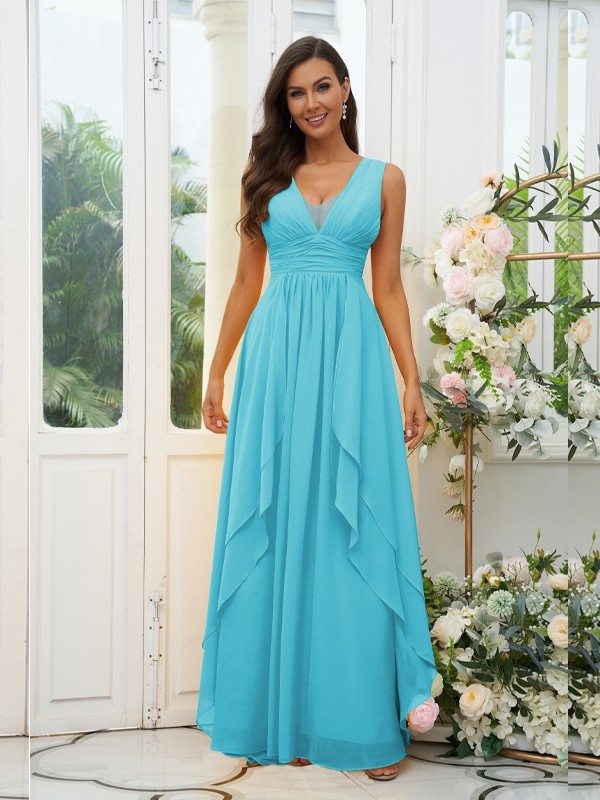 A-Line/Princess Chiffon Ruffles V-neck Sleeveless Floor-Length Bridesmaid Dresses 2240