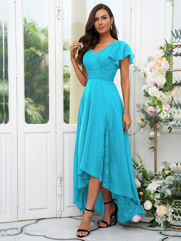 A-Line/Princess Chiffon Lace V-neck Short Sleeves Asymmetrical Bridesmaid Dresses 2151