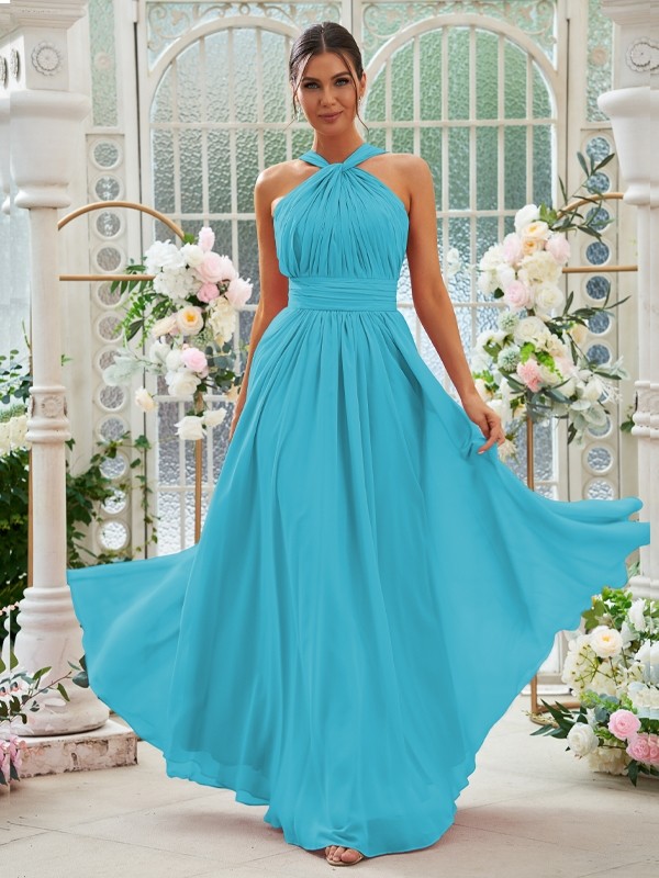 A-Line/Princess Chiffon Ruched Halter Sleeveless Floor-Length Bridesmaid Dresses 2154