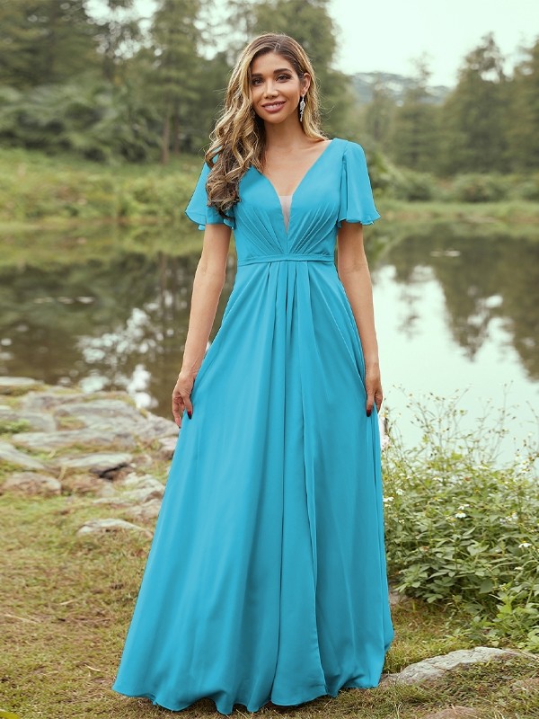 A-Line/Princess Chiffon Ruffles V-neck Short Sleeves Floor-Length Bridesmaid Dresses 2223