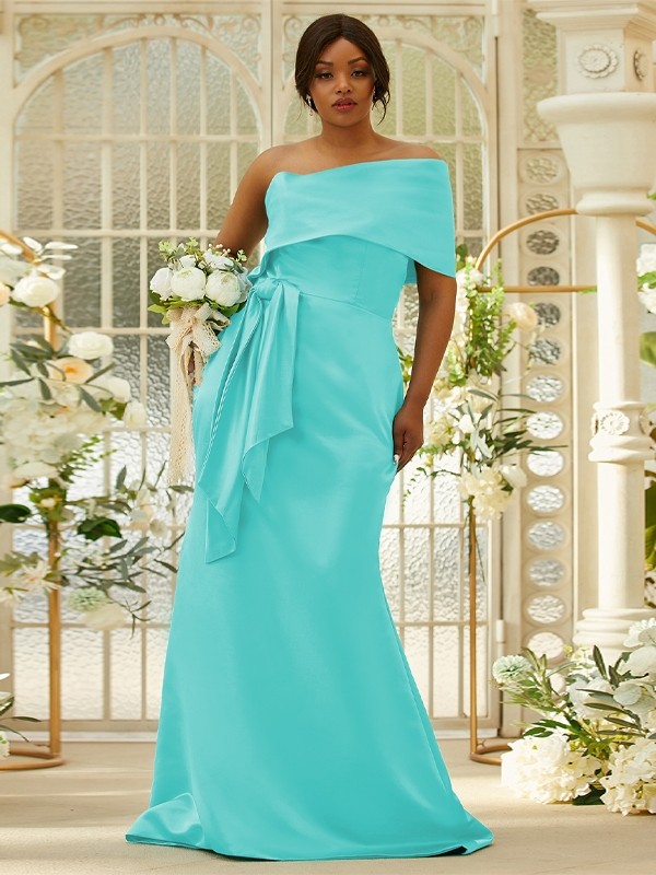 Sheath/Column Satin Ruched One-Shoulder Sleeveless Sweep/Brush Train Bridesmaid Dresses 3022